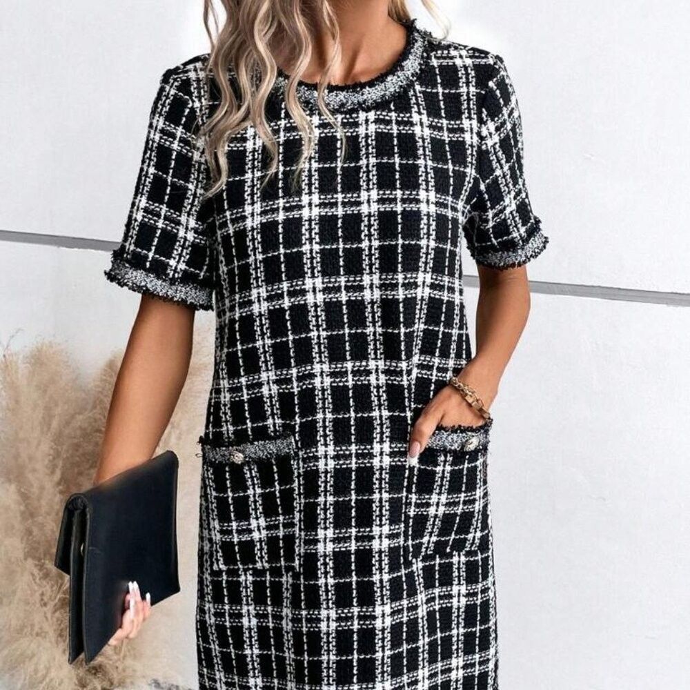 Size 6 Chanel-Inspired Tweed Plaid Dress, Black and White Knee-Length from SHEIN